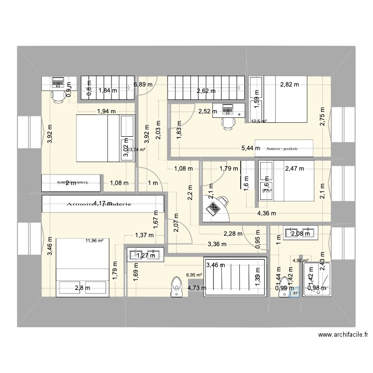 1er étage mur moins épais. Plan de 6 pièces et 69 m2
