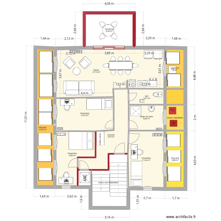 Plan 2eme Etage modifications. Plan de 14 pièces et 125 m2