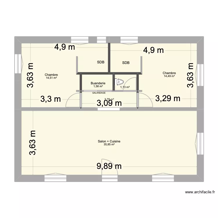 Villa Bellevue - Etat projet - Cot&eacute;. Plan de 6 Pièces et 70 m²