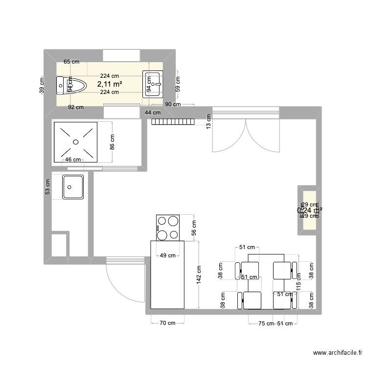 douche jaures 3. Plan de 2 pièces et 2 m2