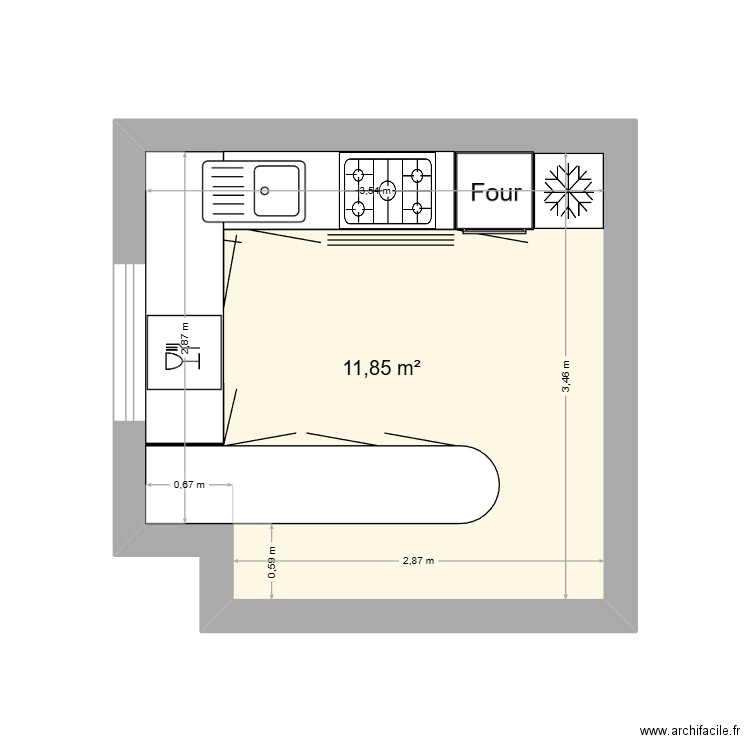 Cuisine. Plan de 1 pièce et 12 m2