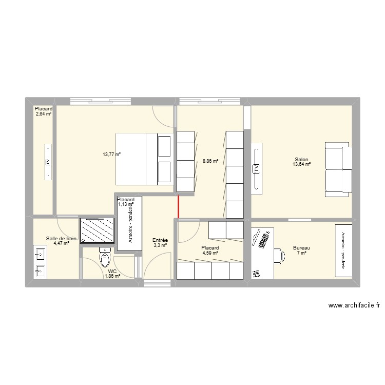61 m² - 1 chambre. Plan de 10 pièces et 61 m2