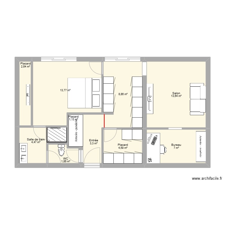 61 m² - 1 chambre. Plan de 0 pièce et 0 m2