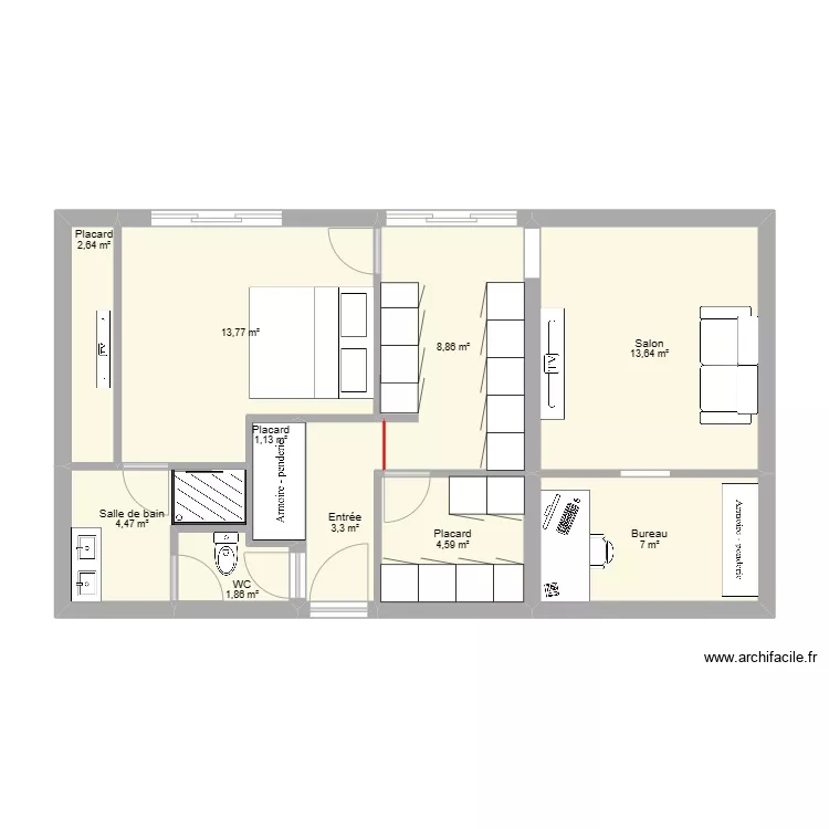 61 m&sup2; - 1 chambre. Plan de 