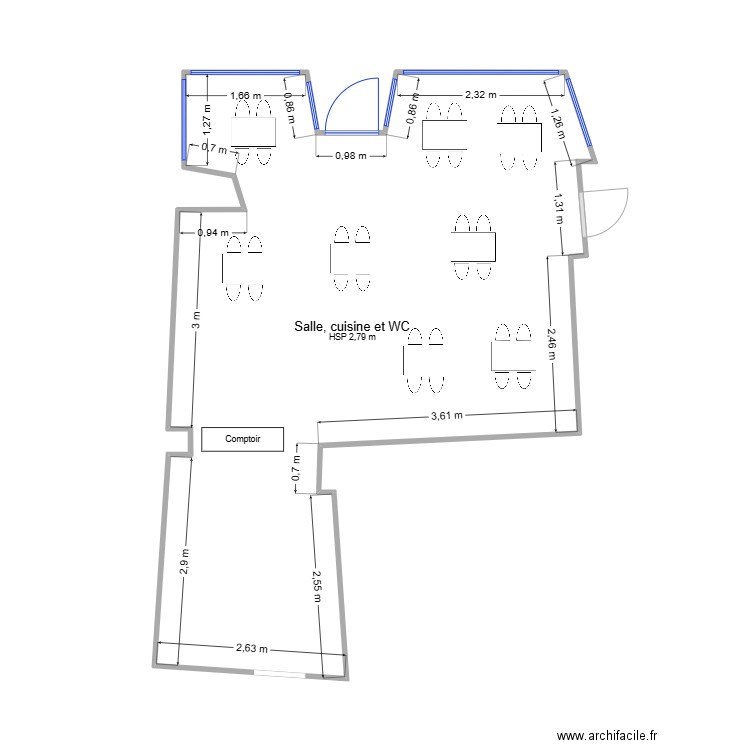 Plan salle et cuisine. Plan de 1 pièce et 34 m2