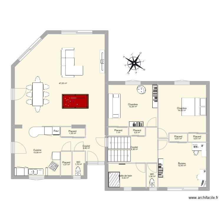Maison Fleurieux. Plan de 16 pièces et 128 m2