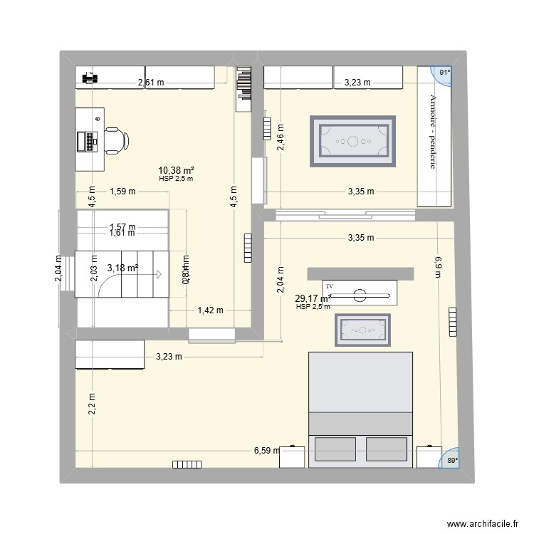 Meru. Plan de 3 pièces et 43 m2
