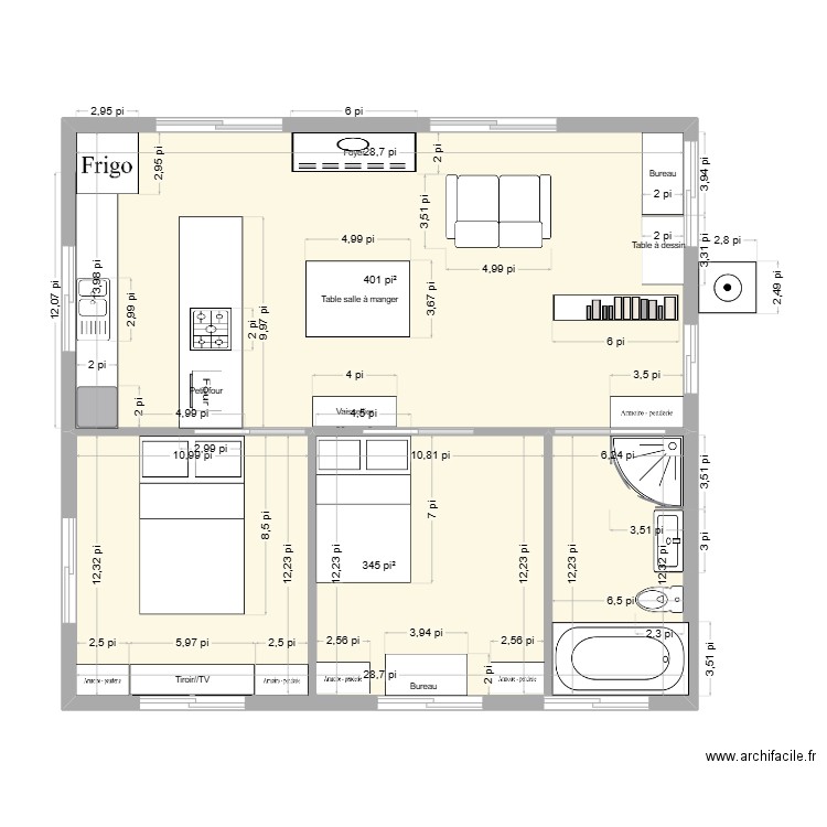 Plan 2e.b. Plan de 2 pièces et 69 m2
