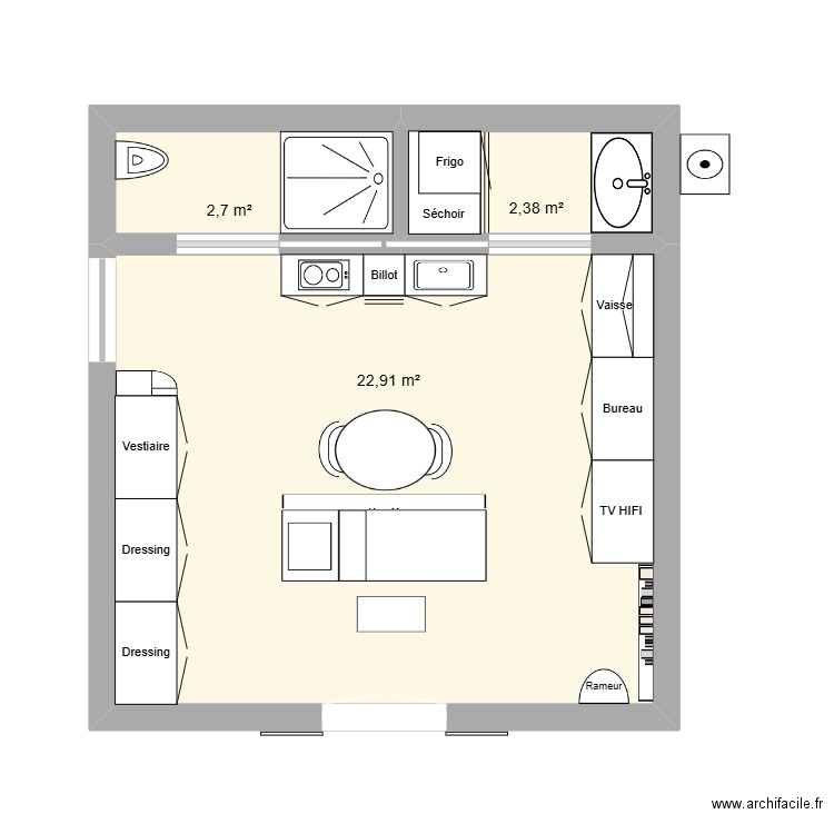 IDEAL STUDIO BLOC SDO WC CUISINE 28M2. Plan de 3 pièces et 28 m2