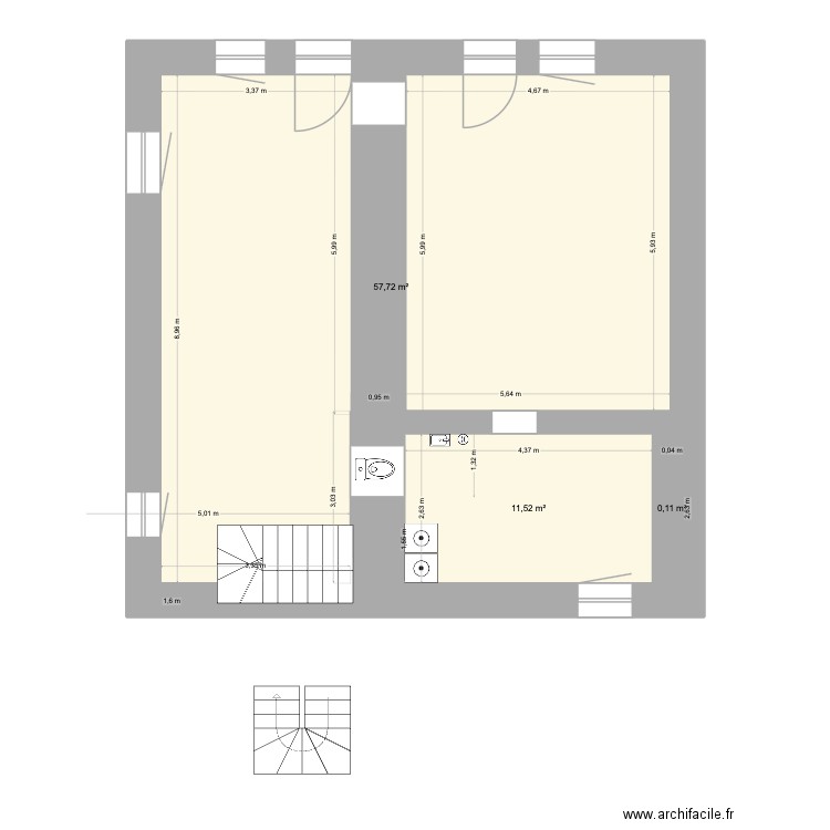 Messigny maison RDC. Plan de 3 pièces et 69 m2
