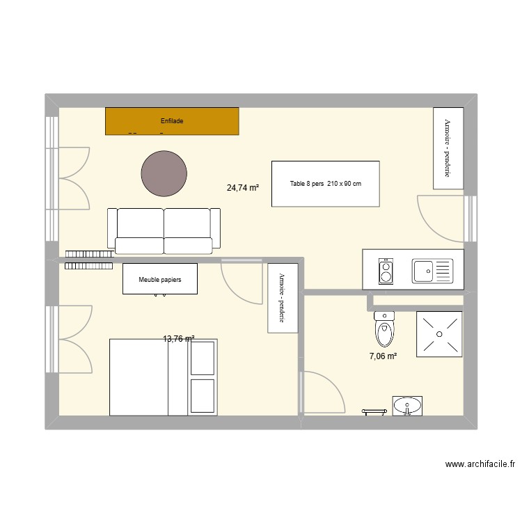 Appartement T2. Plan de 3 pièces et 46 m2