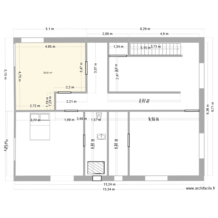 etage. Plan de 1 pièce et 21 m2