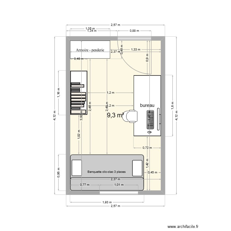 Chambre du couz. Plan de 1 pièce et 9 m2