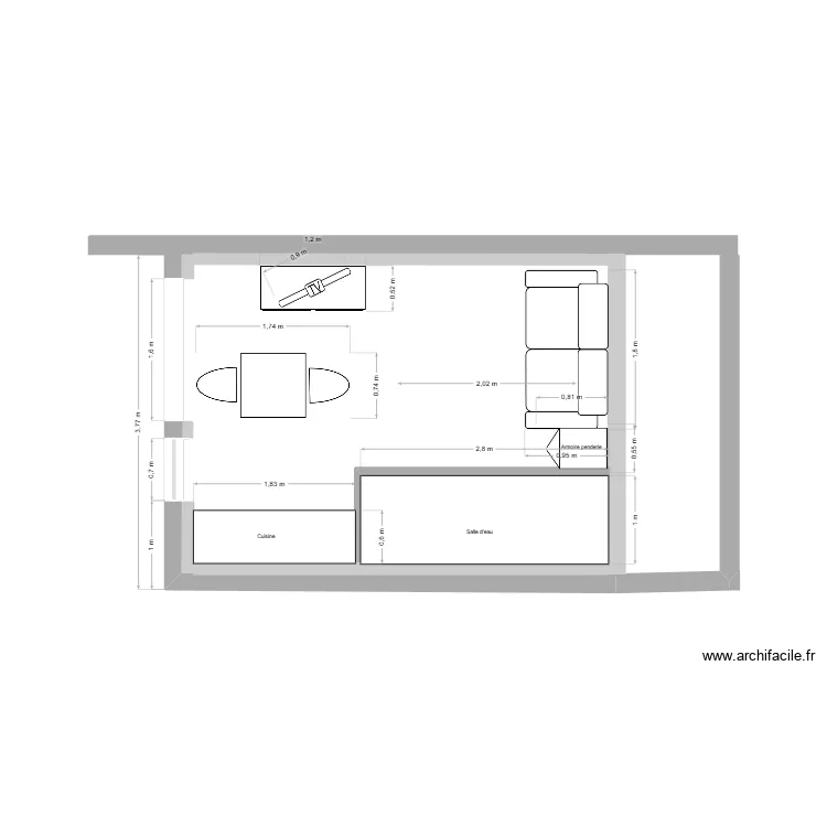 am&eacute;nagement avec canap&eacute; lit. Plan de 