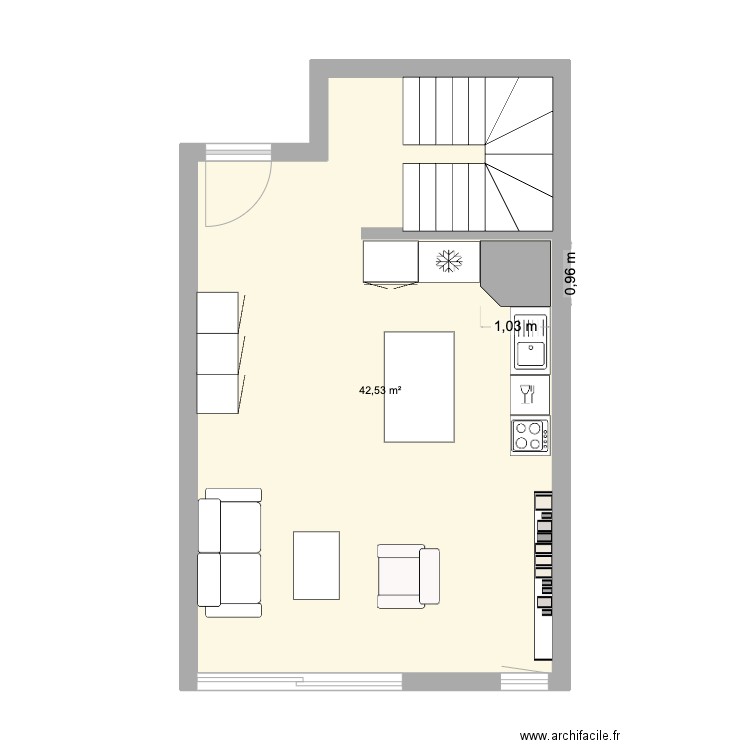 Salon. Plan de 1 pièce et 43 m2