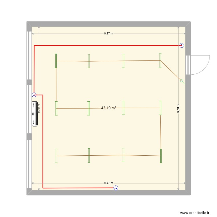 mm gh. Plan de 1 pièce et 43 m2