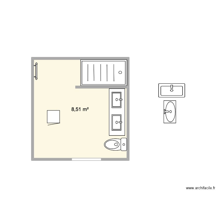 sdb t3. Plan de 1 pièce et 9 m2