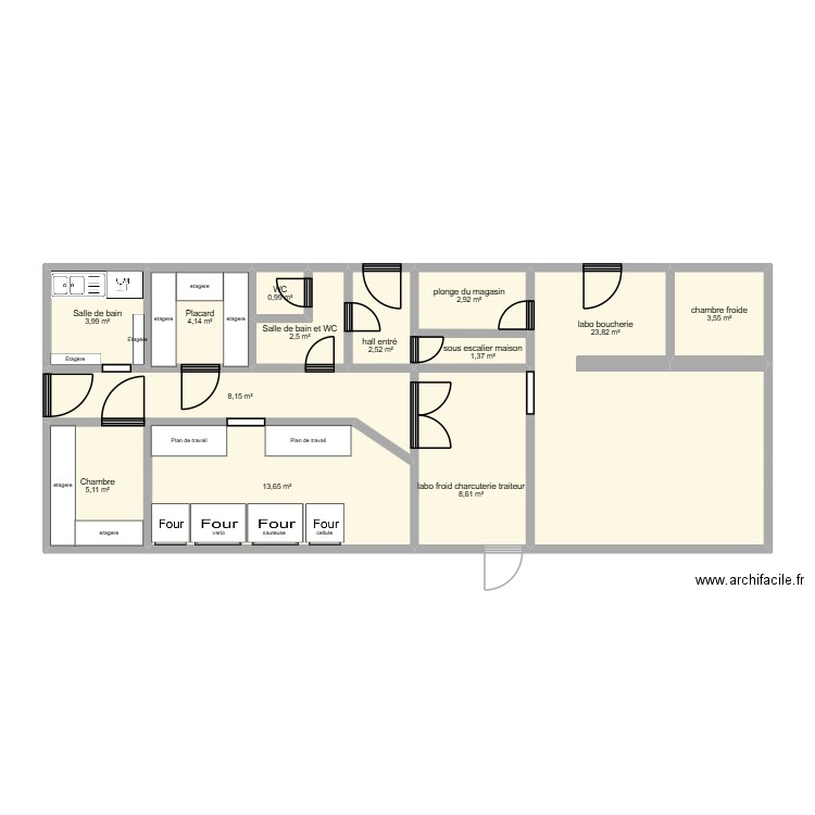 labo traiteur. Plan de 13 pièces et 81 m2