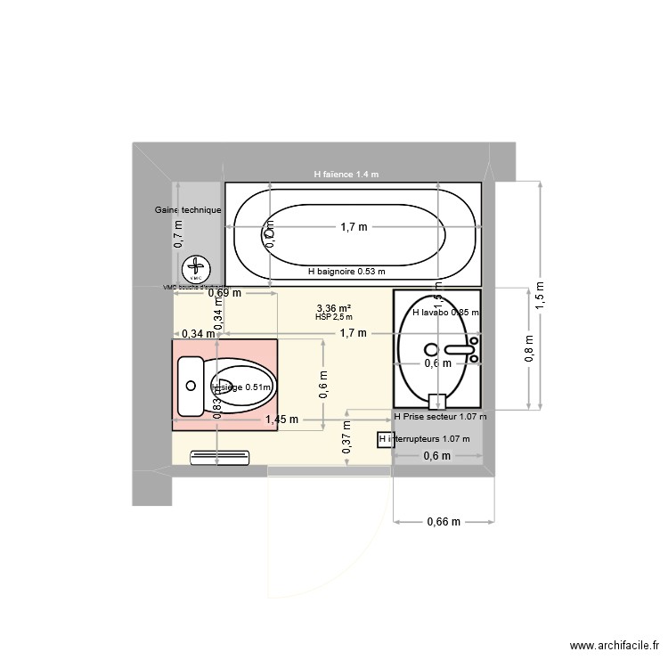 SdB. Plan de 3 pièces et 4 m2