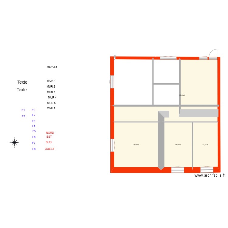 ROCHETEAU_ Existant. Plan de 4 pièces et 89 m2