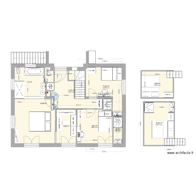 Rouret R+1 V22a. Plan de 11 pièces et 81 m2