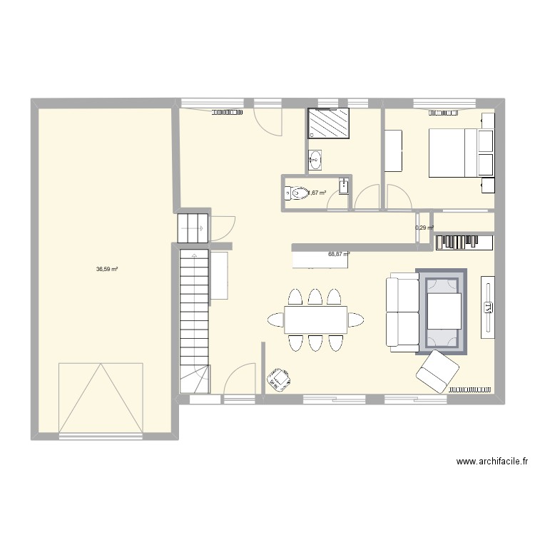 Rez de chaussée. Plan de 4 pièces et 107 m2