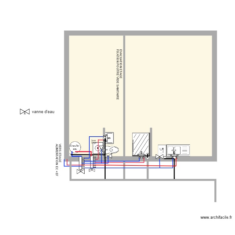 PLOMBERIE RDC 2. Plan de 1 pièce et 44 m2