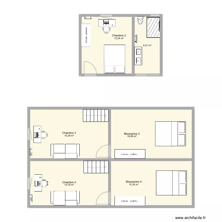 2e &eacute;tage et mezzanines. Plan de 6  et 82 m²