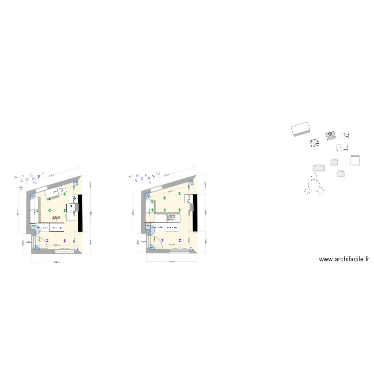 Cuisine Mobalpa expo. Plan de 2 pièces et 28 m2