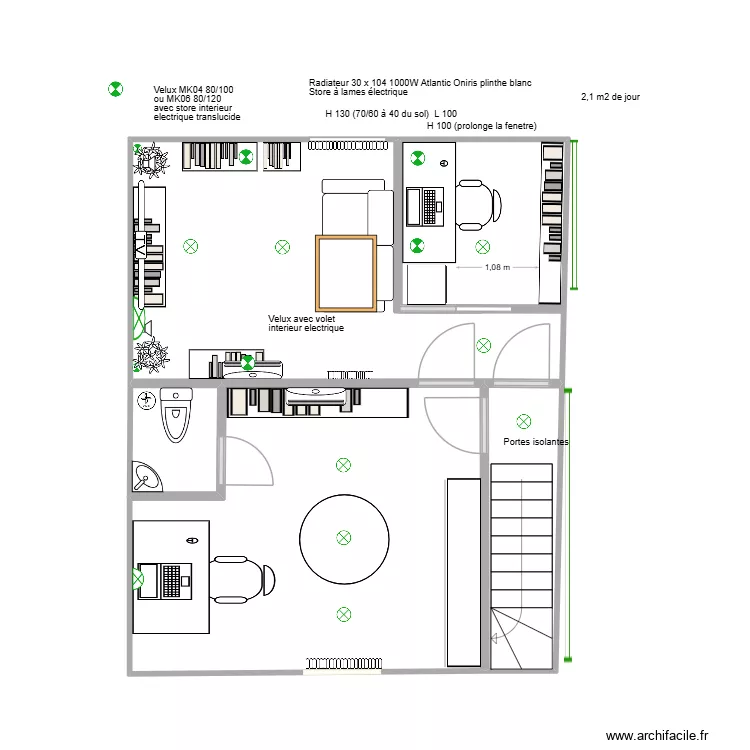 2. Salon et bureau 1 fen&ecirc;tre fauteuil perpendiculaire fen&ecirc;tre. Plan de 4  et 37 m²