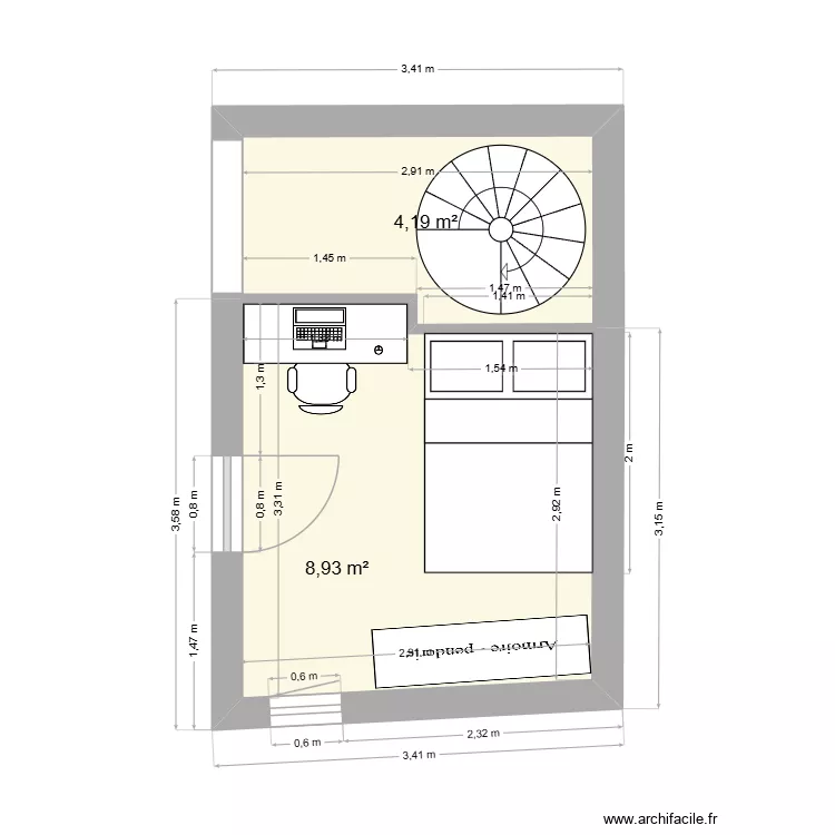 chambre loan. Plan de 2  et 13 m²