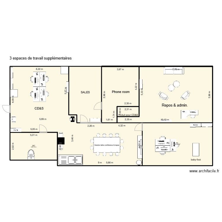 Aménagement des bureaux LS-2. Plan de 7 pièces et 222 m2