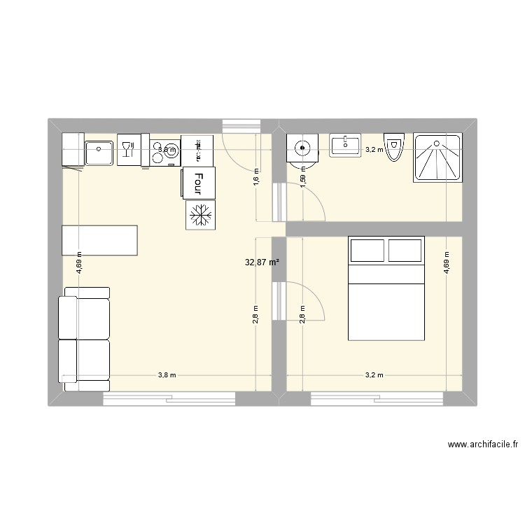 appart. Plan de 1 pièce et 33 m2