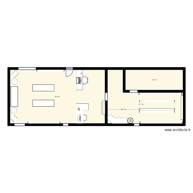 magasin. Plan de 3 pièces et 117 m2