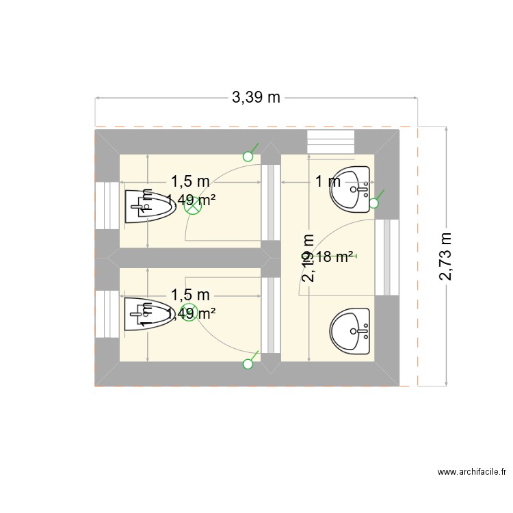 Toilette chantier Angre. Plan de 3 pièces et 5 m2