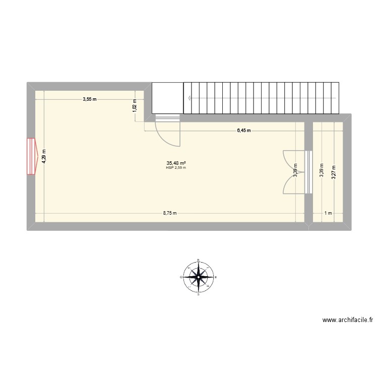rdc R+1. Plan de 1 pièce et 35 m2