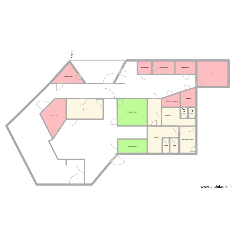 Cuisine de clinique. Plan de 18 pièces et 169 m2