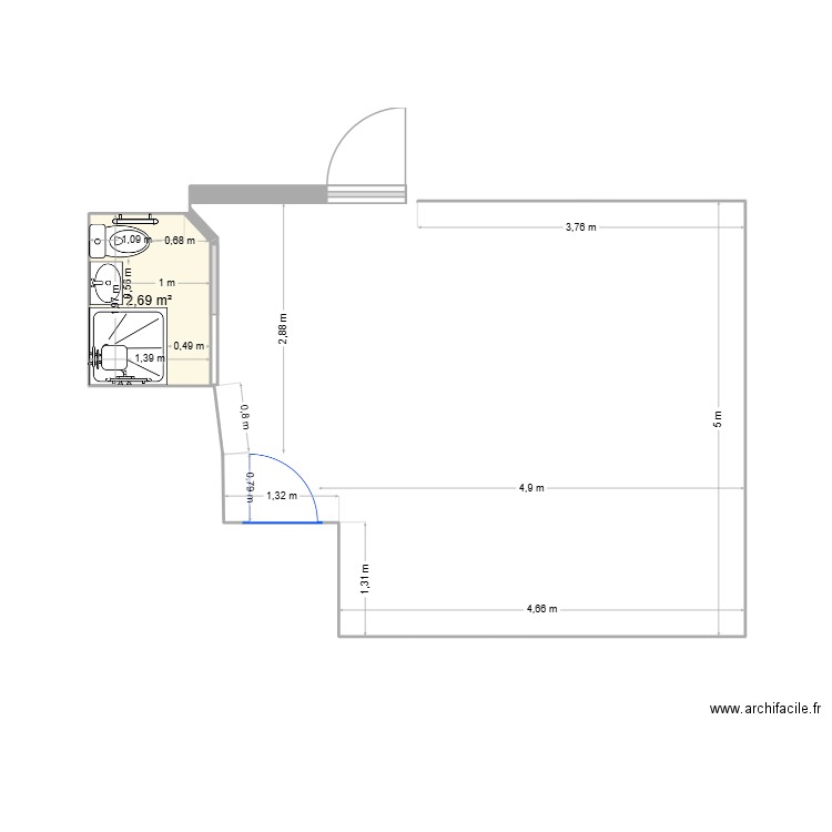CHAMBRE AVEC SDB FAURE V2 A FAIRE VALIDER DDT 23. Plan de 1 pièce et 3 m2