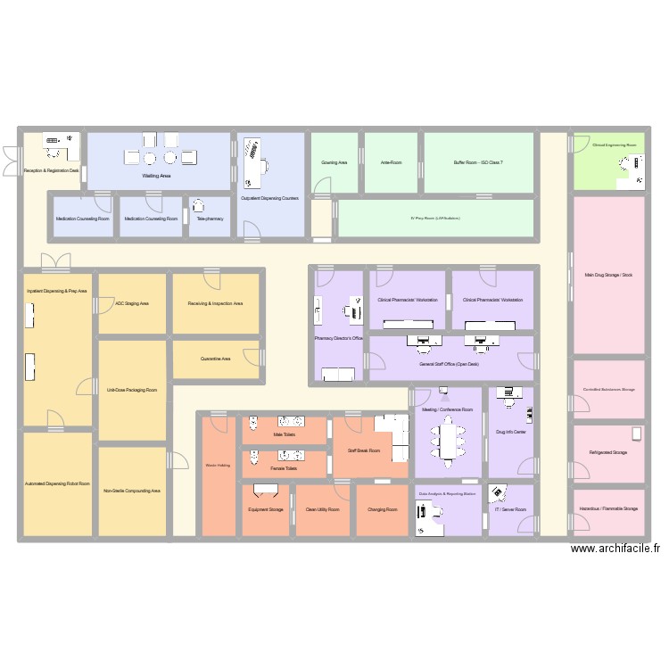 pharmacy. Plan de 38 pièces et 517 m2