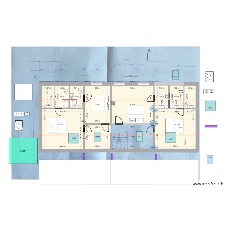 6AA_ETAGE_2. Plan de 9 pièces et 89 m2