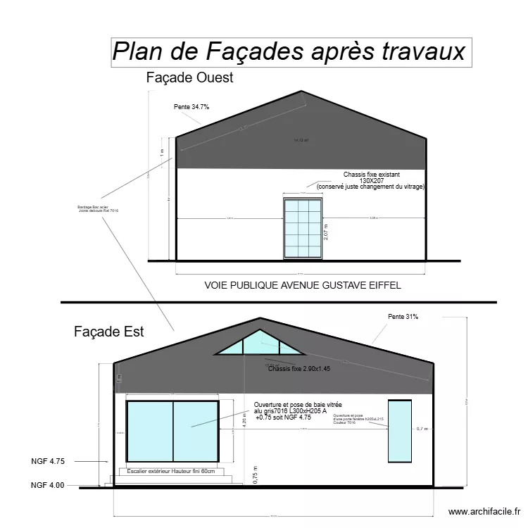 facades apres travaux surelevation. Plan de 2 pièces et 87 m²