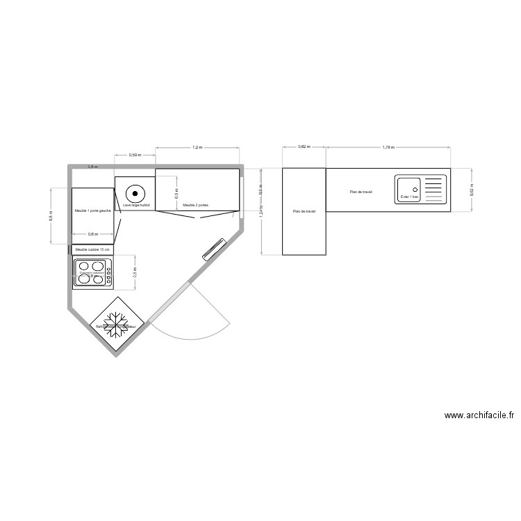 Cuisine Maëva. Plan de 1 pièce et 5 m2