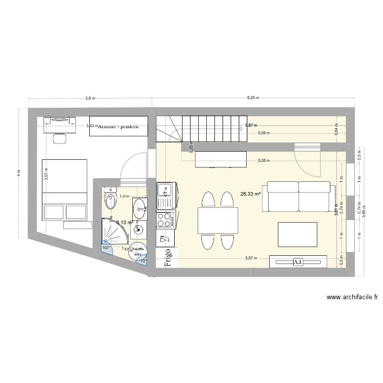 Dampiere2. Plan de 2 pièces et 29 m2