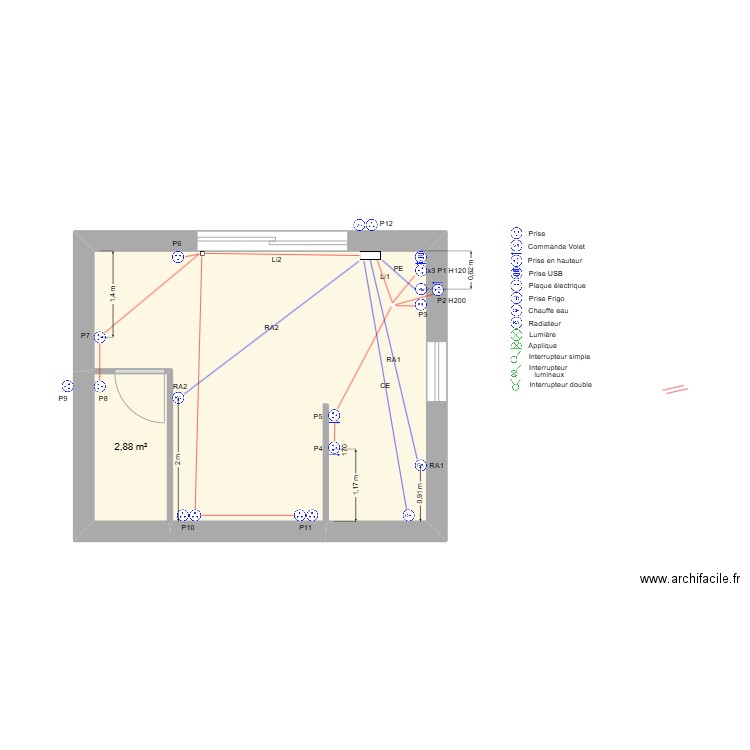 Fanie cablage prises. Plan de 2 pièces et 23 m2