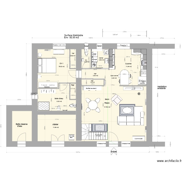 Loft Agrandissement R de C+1m=. Plan de 2 pièces et 118 m2