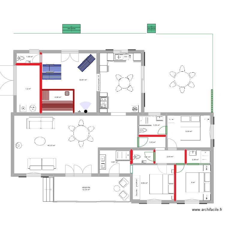 VF 2 quater exercice avec cloisons. Plan de 15 pièces et 141 m2