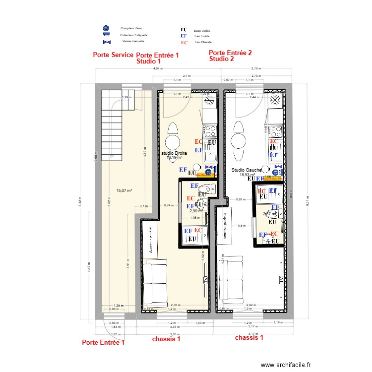 immeuble 1 RDC V2-c Plomb 2 studios. Plan de 5 pièces et 66 m2