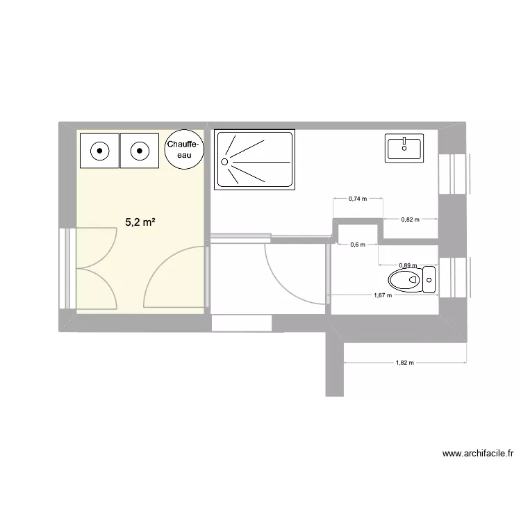 SDB et buanderie. Plan de 1 et 5 m² SDB et buanderie. Plan de 1 et 5 m²