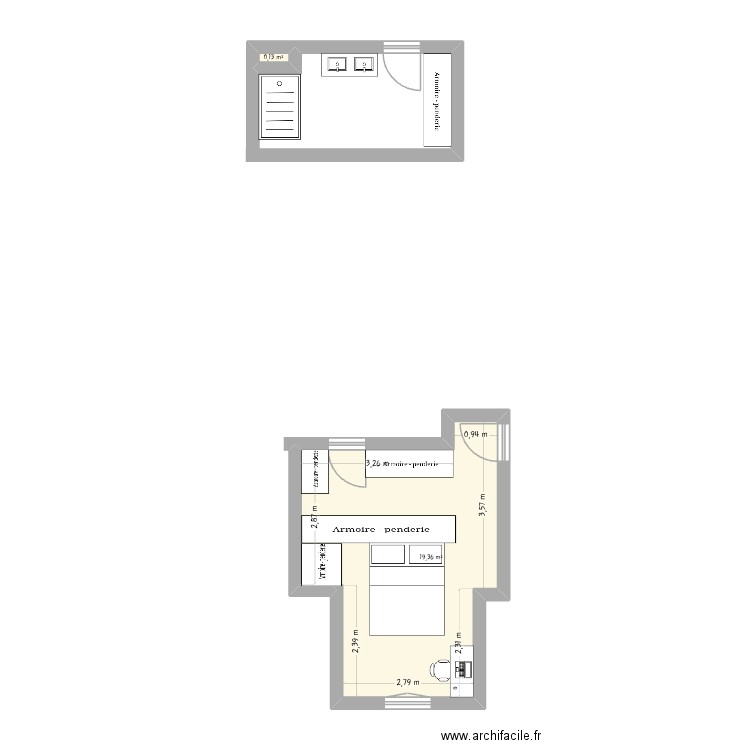Dressing/sdb. Plan de 2 pièces et 19 m2