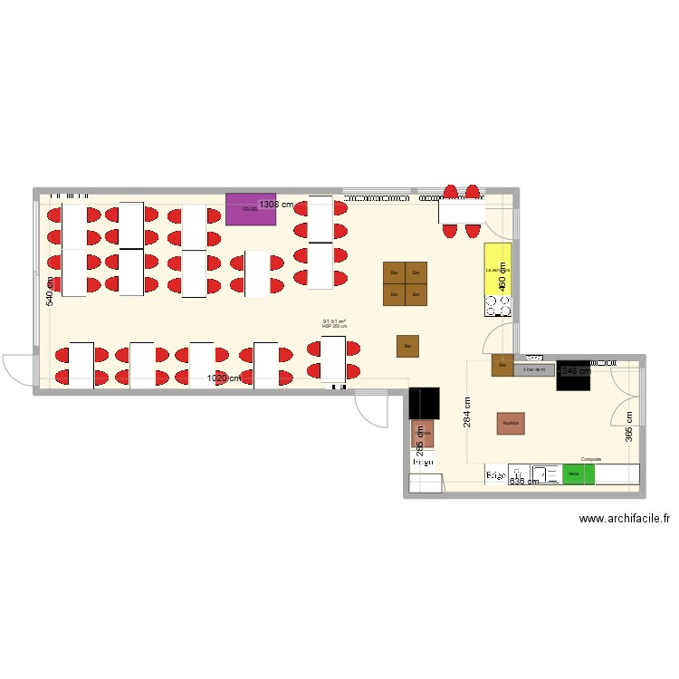 Cafétéria. Plan de 1 pièce et 92 m2